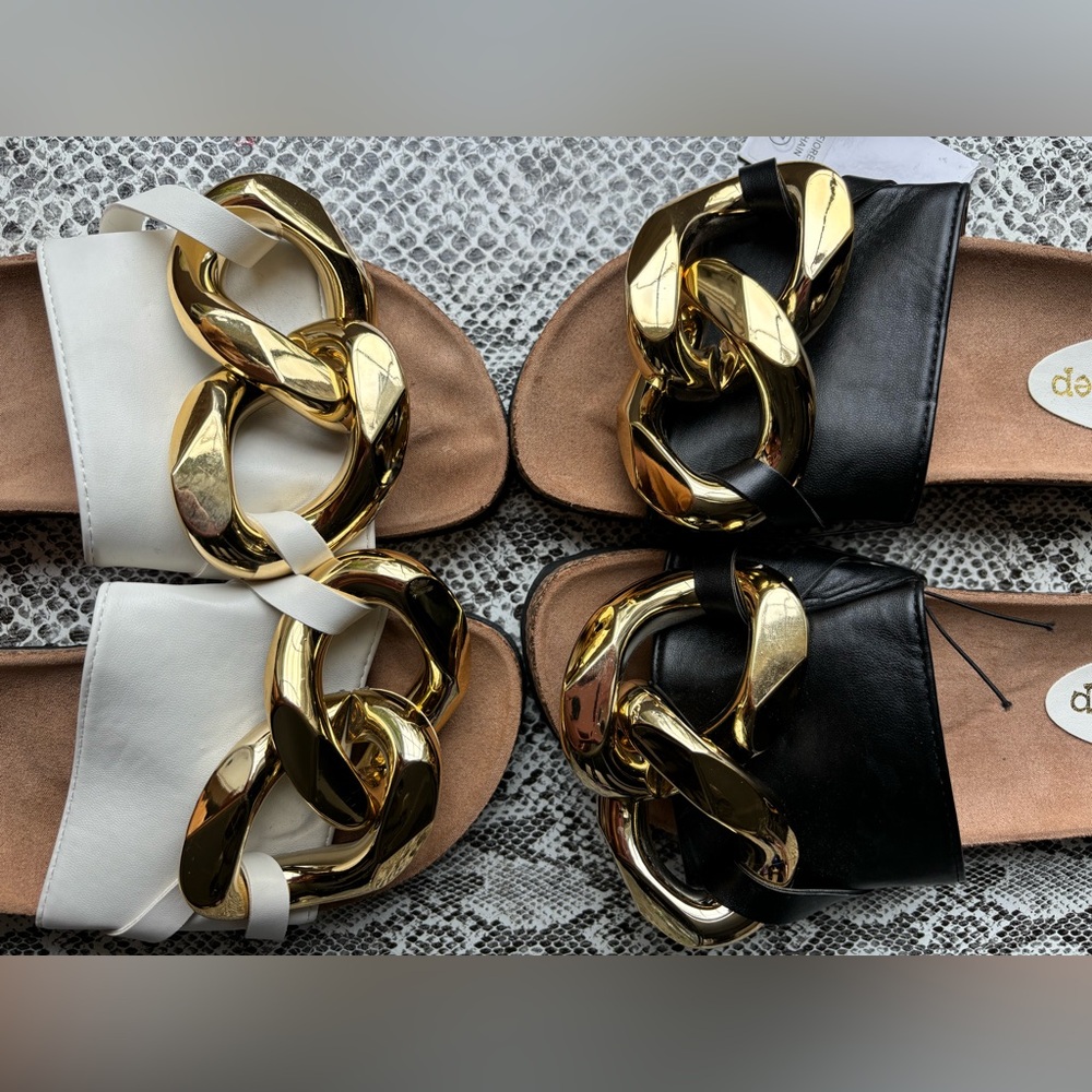 One Pair of gold Chain Link slides Sandals women’s size 7, white only ,new